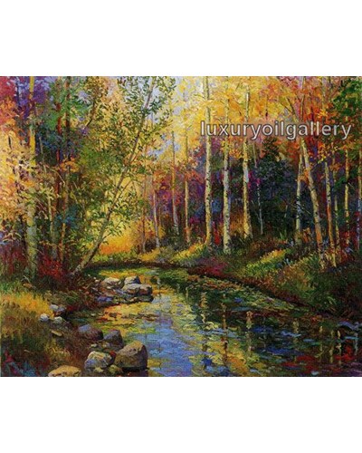 ציור שמן נחל בין עצי היער הפורח